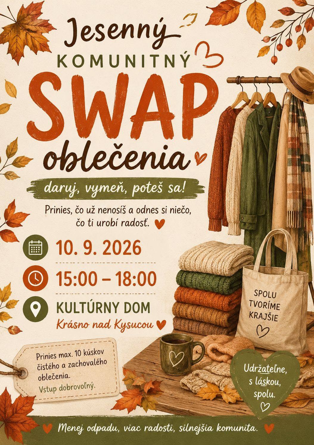 Jesenný komunitný swap oblečenia prinesie výmenu, stretnutia aj dobrú náladu
