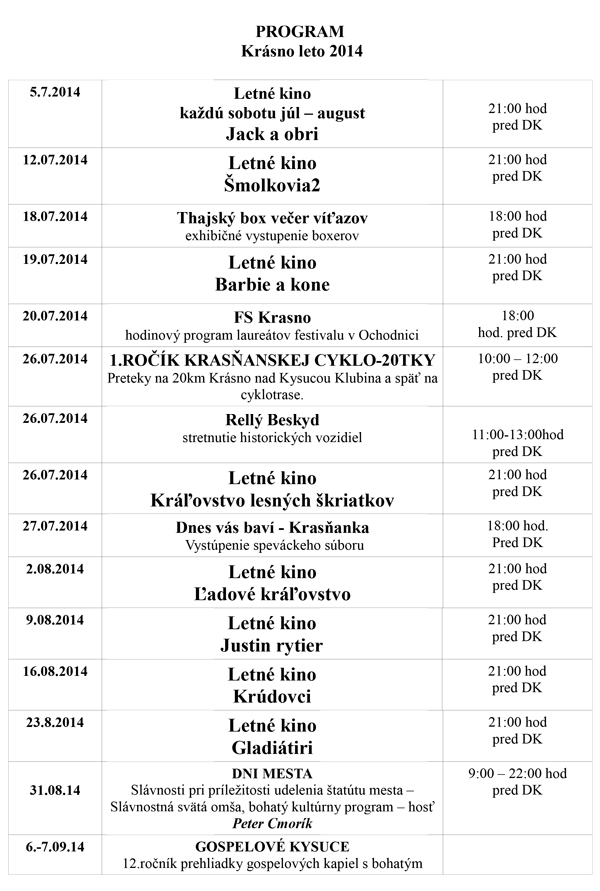Program kultúrnych podujatí leto 2014