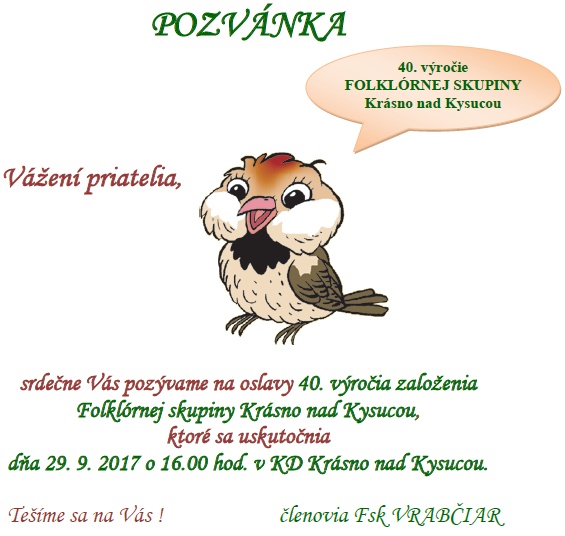 Pozvánka na oslavy Folklórnej skupiny Krásno nad Kysucou
